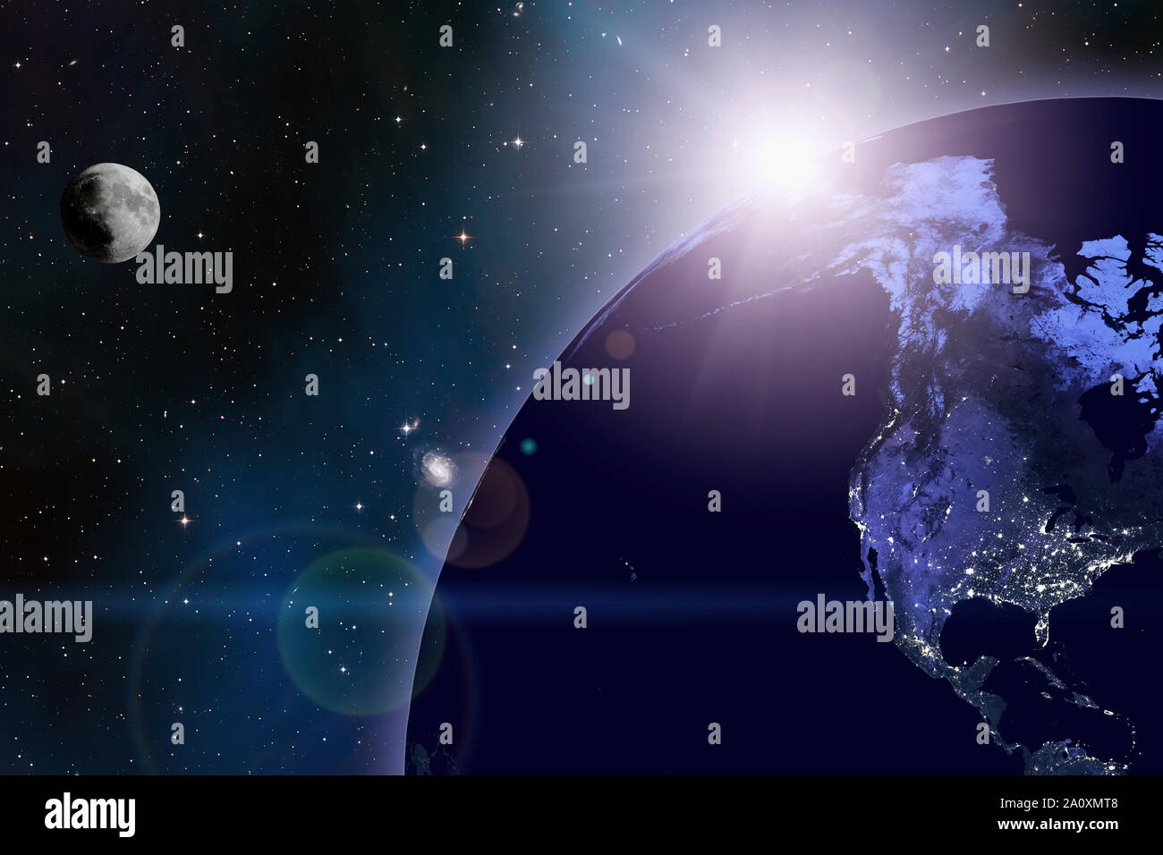 Planet Earth, Moon and Sun space landscape. Lens flare optical effect. North America city`s night light. Some elements of this image furnished by NASA Stock Photo